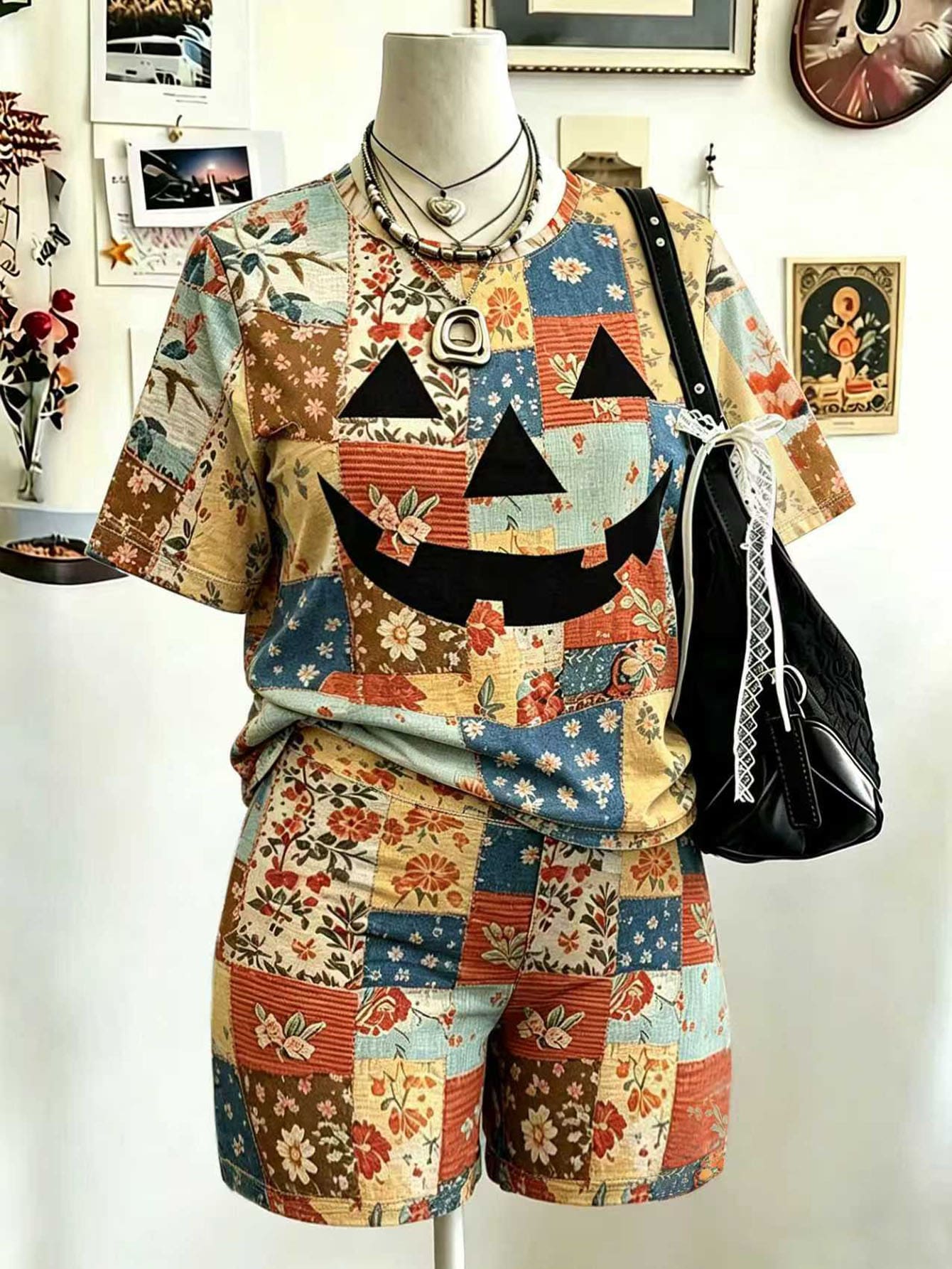 Rovax Women's Plus-Size 2-Piece Set, Short-Sleeved Tops And Shorts. Vintage Patchwork Design Pumpkin Digital Print. Suitable For Halloween, Casual - Multicolor - View 1