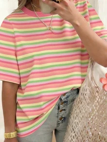 EMERY ROSE 女士条纹短袖T恤，休闲户外服，可爱T恤，家居服 - 玫紅色 - 查看 4