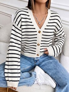 SHEIN 拼色寬鬆短版開襟針織外套，甜美學院風毛衣夾克 - 杏色 - 查看 3