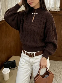 SHEIN PariChic Sweater Wanita Lengan Panjang Model Longgar dengan Bahu Jatuh dan Desain Kancing Katak - Coffee Brown - View 6