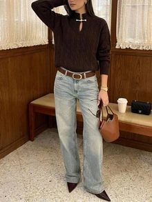 SHEIN PariChic Sweater Wanita Lengan Panjang Model Longgar dengan Bahu Jatuh dan Desain Kancing Katak - Coffee Brown - View 4