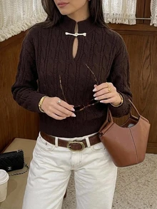 SHEIN PariChic Sweater Wanita Lengan Panjang Model Longgar dengan Bahu Jatuh dan Desain Kancing Katak - Coffee Brown - View 3