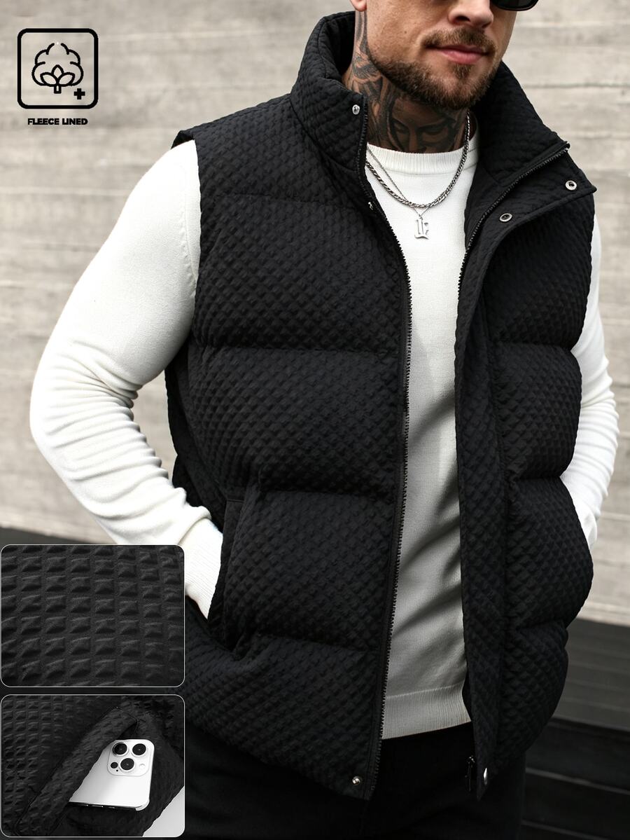 Manfinity CasualCool Men's 3D Quilted Padded Vest, Stand Collar Button-Up Sleeveless Vest, Lightweight Layering Loose Fit Versatile Solid Color Outerwear For Autumn/Winter - Black - View 1