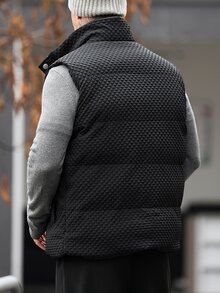 Manfinity CasualCool Men's 3D Quilted Padded Vest, Stand Collar Button-Up Sleeveless Vest, Lightweight Layering Loose Fit Versatile Solid Color Outerwear For Autumn/Winter - Black - View 2