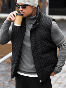 Manfinity CasualCool Men's 3D Quilted Padded Vest, Stand Collar Button-Up Sleeveless Vest, Lightweight Layering Loose Fit Versatile Solid Color Outerwear For Autumn/Winter - Black - View 3