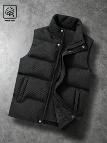 Manfinity CasualCool Men's 3D Quilted Padded Vest, Stand Collar Button-Up Sleeveless Vest, Lightweight Layering Loose Fit Versatile Solid Color Outerwear For Autumn/Winter - Black - View 4