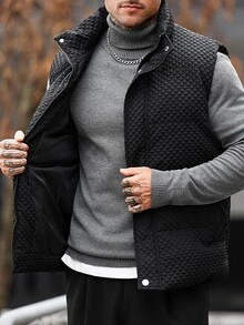 Manfinity CasualCool Men's 3D Quilted Padded Vest, Stand Collar Button-Up Sleeveless Vest, Lightweight Layering Loose Fit Versatile Solid Color Outerwear For Autumn/Winter - Black - View 5