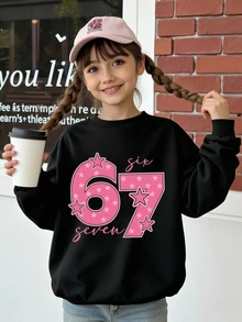 Tween Girl 1 PC Casual Clothes With Polka Dot Five Pointed Star Pink Number 67 Letter Pattern Printed Basic Hooded Sweatshirt Suitable For Daily Wear - Black - View 1