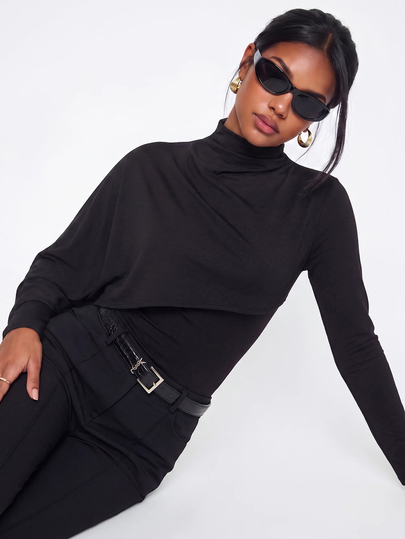 Avantive Women's Stylish Asymmetrical Double-Layer Cape-Style Top; A Minimalist, Slim-Fit, Long-Sleeved Garment Featuring An Irregular Shawl Design.Autumn Tops