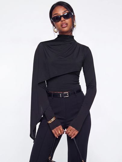 Avantive Women's Stylish Asymmetrical Double-Layer Cape-Style Top; A Minimalist, Slim-Fit, Long-Sleeved Garment Featuring An Irregular Shawl Design.Autumn Tops