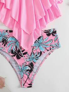 Swim Lushoire Summer Beach Tropical Print Hanky Hem Tankini - Pink - View 7