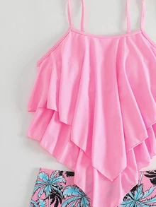 Swim Lushoire Summer Beach Tropical Print Hanky Hem Tankini - Pink - View 6