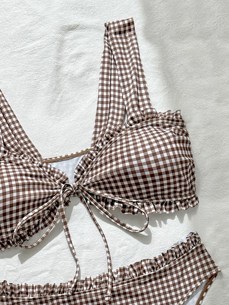 Swim Vcay Girls Sweet 2pcs Set Floral Random Print Wide Strap Chest Tie Triangle Bikini Swimwear Set For Women - Coffee Brown - View 9