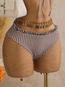 Swim Vcay Girls Sweet 2pcs Set Floral Random Print Wide Strap Chest Tie Triangle Bikini Swimwear Set For Women - Coffee Brown - View 5