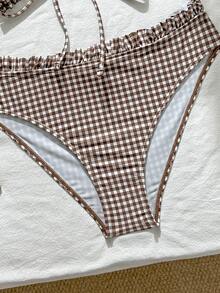 Swim Vcay Girls Sweet 2pcs Set Floral Random Print Wide Strap Chest Tie Triangle Bikini Swimwear Set For Women - Coffee Brown - View 6