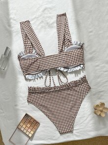 Swim Vcay Girls Sweet 2pcs Set Floral Random Print Wide Strap Chest Tie Triangle Bikini Swimwear Set For Women - Coffee Brown - View 2