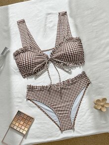 Swim Vcay Girls Sweet 2pcs Set Floral Random Print Wide Strap Chest Tie Triangle Bikini Swimwear Set For Women - Coffee Brown - View 8