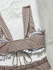 Swim Vcay Girls Sweet 2pcs Set Floral Random Print Wide Strap Chest Tie Triangle Bikini Swimwear Set For Women - Coffee Brown - View 10