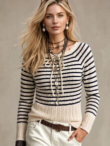 SHEIN New Arrival Women's Color-Block Striped Collar Tie Knit Sweater For Autumn And Winter, Wave Edge Tie Pullover Sweater, Textured Pattern Slim-Fit Cropp - Multicolor - View 2