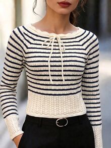 SHEIN New Arrival Women's Color-Block Striped Collar Tie Knit Sweater For Autumn And Winter, Wave Edge Tie Pullover Sweater, Textured Pattern Slim-Fit Cropp - Multicolor - View 5