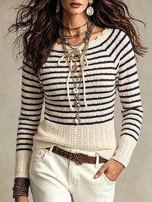 SHEIN New Arrival Women's Color-Block Striped Collar Tie Knit Sweater For Autumn And Winter, Wave Edge Tie Pullover Sweater, Textured Pattern Slim-Fit Cropp - Multicolor - View 1