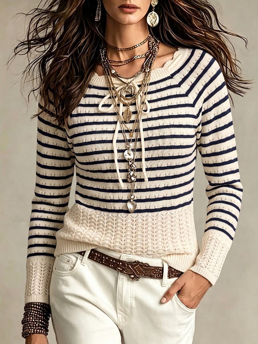 SHEIN New Arrival Women's Color-Block Striped Collar Tie Knit Sweater For Autumn And Winter, Wave Edge Tie Pullover Sweater, Textured Pattern Slim-Fit Cropp - Multicolor - View 1