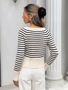 SHEIN New Arrival Women's Color-Block Striped Collar Tie Knit Sweater For Autumn And Winter, Wave Edge Tie Pullover Sweater, Textured Pattern Slim-Fit Cropp - Multicolor - View 6