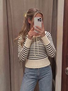 SHEIN New Arrival Women's Color-Block Striped Collar Tie Knit Sweater For Autumn And Winter, Wave Edge Tie Pullover Sweater, Textured Pattern Slim-Fit Cropp - Multicolor - View 8