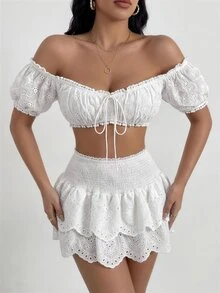 SHEIN SXY 女款度假花卉刺繡前綁帶露肩短版時尚上衣，夏季可愛沙灘風，白色 - 白色 - 查看 5