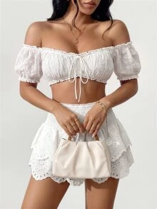 SHEIN SXY 女款度假花卉刺繡前綁帶露肩短版時尚上衣，夏季可愛沙灘風，白色 - 白色 - 查看 4