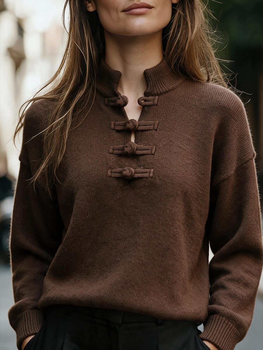 Omancia Retro Chinese Style Frog Button Sweater, Women Stand Collar Long Sleeve Loose Fall Knit Pullover - Brown - View 1