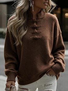 Omancia Retro Chinese Style Frog Button Sweater, Women Stand Collar Long Sleeve Loose Fall Knit Pullover - Brown - View 4