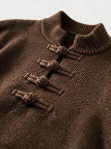 Omancia Retro Chinese Style Frog Button Sweater, Women Stand Collar Long Sleeve Loose Fall Knit Pullover - Brown - View 6