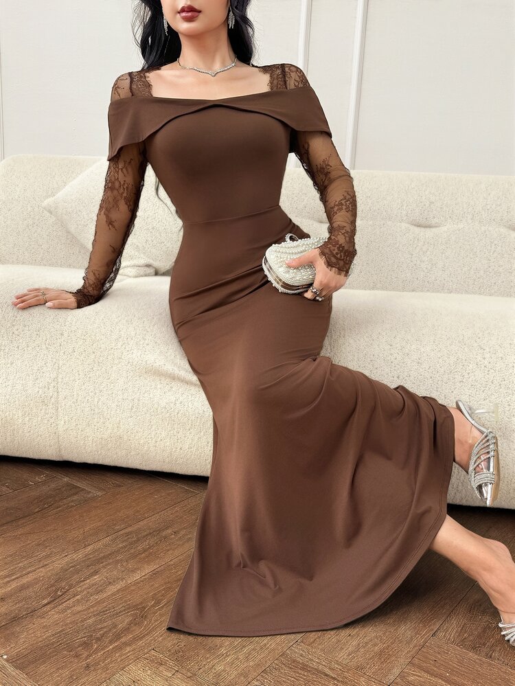 Feyla Women's Elegant Party Lace Patchwork Mermaid Long Dress - Coffee Brown - View 4