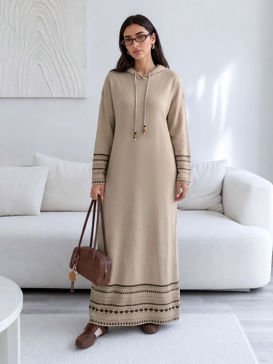 Solavon Gaun Rajut Wanita Motif Patchwork Bergaris dengan Tali Serut di Manset - MultiWarna - View 1