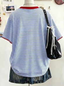 Lalippa 女款休閒學院風藍白條紋印花寬鬆蝙蝠袖T恤，適合夏季度假、日常通勤與上學穿著 - 彩色 - 查看 2