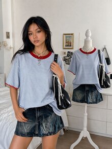Lalippa 女款休閒學院風藍白條紋印花寬鬆蝙蝠袖T恤，適合夏季度假、日常通勤與上學穿著 - 彩色 - 查看 3