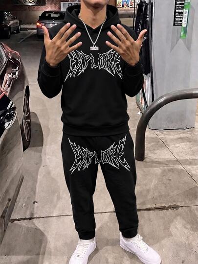 Conjunto de 2 piezas para niños y adolescentes varones, sudadera con capucha negra con estampado de letras y pantalones de chándal de felpa blanca, sudadera de manga larga y pantalones largos, adecuado para ir al trabajo, la escuela, uso diario casual, salidas, deportes, otoño/invierno