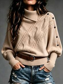 LUMIGAL Women's Cable Knit Drop Shoulder Long Sleeve Button Design Sweater - Apricot - View 1