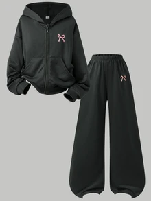 SHEIN 2件組青少年女孩套裝，連帽長袖前開拉鍊短版外套，腰部與袖口收緊，搭配鬆緊腰寬鬆寬腿休閒運動長褲，秋冬款 - 深灰色 - 查看 7