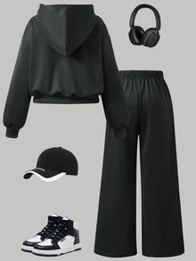 SHEIN 2件組青少年女孩套裝，連帽長袖前開拉鍊短版外套，腰部與袖口收緊，搭配鬆緊腰寬鬆寬腿休閒運動長褲，秋冬款 - 深灰色 - 查看 3