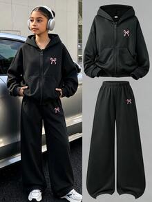 SHEIN 2件組青少年女孩套裝，連帽長袖前開拉鍊短版外套，腰部與袖口收緊，搭配鬆緊腰寬鬆寬腿休閒運動長褲，秋冬款 - 深灰色 - 查看 2