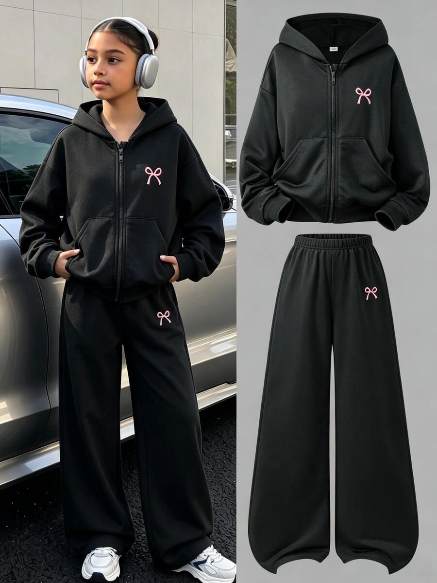 SHEIN 2件組青少年女孩套裝，連帽長袖前開拉鍊短版外套，腰部與袖口收緊，搭配鬆緊腰寬鬆寬腿休閒運動長褲，秋冬款