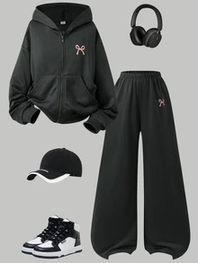 SHEIN 2件組青少年女孩套裝，連帽長袖前開拉鍊短版外套，腰部與袖口收緊，搭配鬆緊腰寬鬆寬腿休閒運動長褲，秋冬款 - 深灰色 - 查看 4