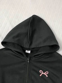 SHEIN 2件組青少年女孩套裝，連帽長袖前開拉鍊短版外套，腰部與袖口收緊，搭配鬆緊腰寬鬆寬腿休閒運動長褲，秋冬款 - 深灰色 - 查看 9