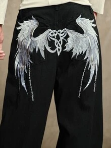 ROMWE MEN Street Life Men's Casual Washed Slogan & Wing Embroidered Straight Leg Jeans - Black - View 2