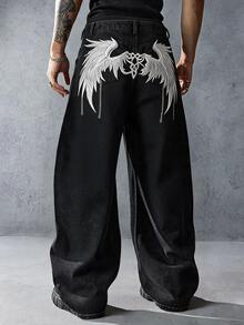 ROMWE MEN Street Life Men's Casual Washed Slogan & Wing Embroidered Straight Leg Jeans - Black - View 1