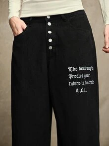 ROMWE MEN Street Life Men's Casual Washed Slogan & Wing Embroidered Straight Leg Jeans - Black - View 5