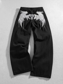 ROMWE MEN Street Life Men's Casual Washed Slogan & Wing Embroidered Straight Leg Jeans - Black - View 8