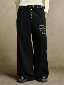 ROMWE MEN Street Life Men's Casual Washed Slogan & Wing Embroidered Straight Leg Jeans - Black - View 6